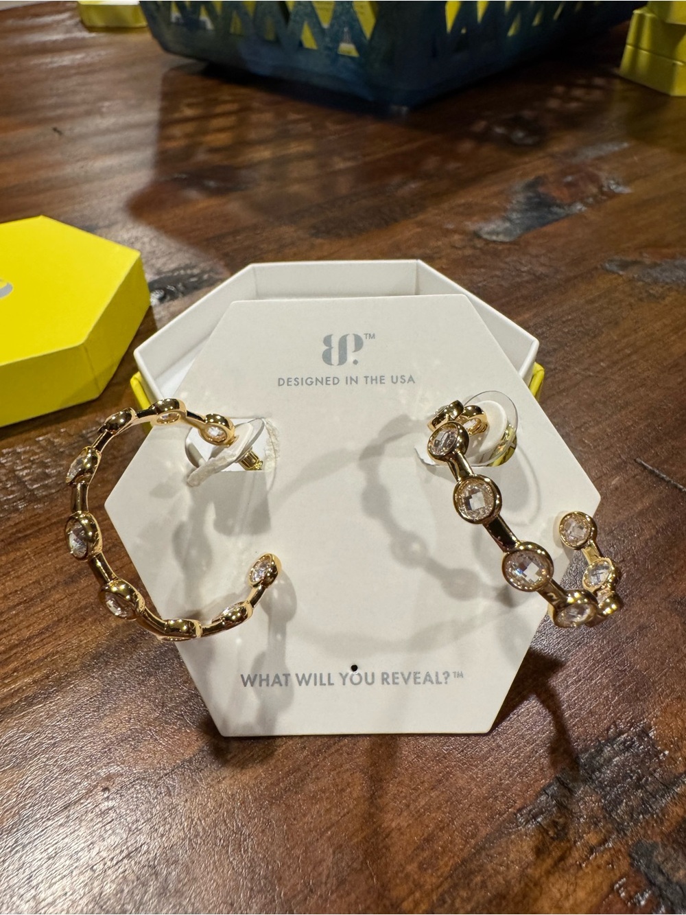 Gold Crystal Hoop Earrings by Unknown Brand - Clear Stone Accents